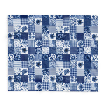 Blue and white patchwork outdoor fleece blanket — 315 gsm polyester fleece, soft on both sides