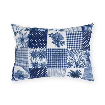 Blue and white patchwork lumbar outdoor pillow — spun polyester, UV and water resistant