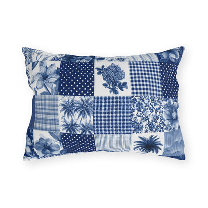 Blue and white patchwork lumbar outdoor pillow — spun polyester, UV and water resistant