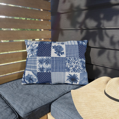 Blue and white patchwork lumbar outdoor pillow — spun polyester, UV and water resistant
