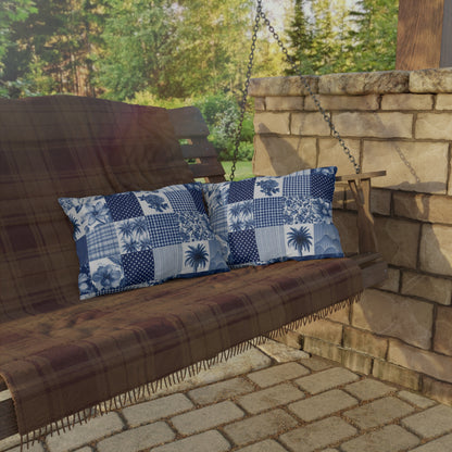 Blue and white patchwork lumbar outdoor pillow — spun polyester, UV and water resistant