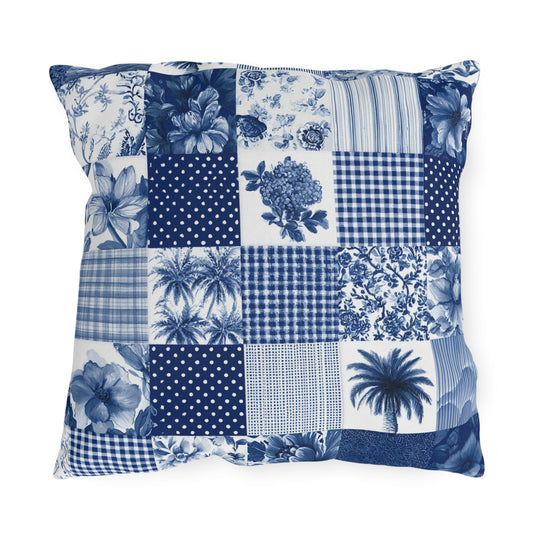 Blue and white patchwork outdoor pillow — spun polyester, UV and water resistant
