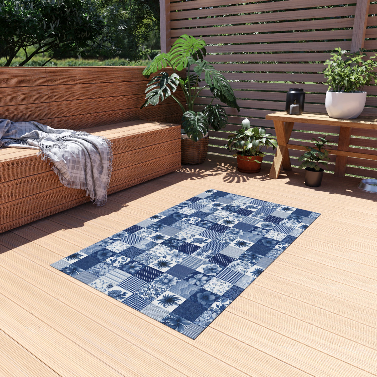 Blue and white patchwork outdoor rug — soft polyester chenille with a non-slip backing