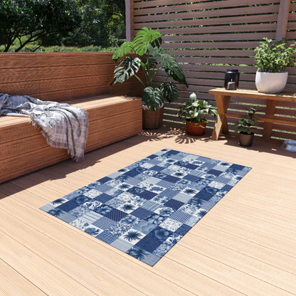 Blue and white patchwork outdoor rug — soft polyester chenille with a non-slip backing