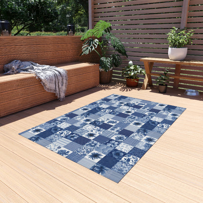 Blue and white patchwork outdoor rug — soft polyester chenille with a non-slip backing