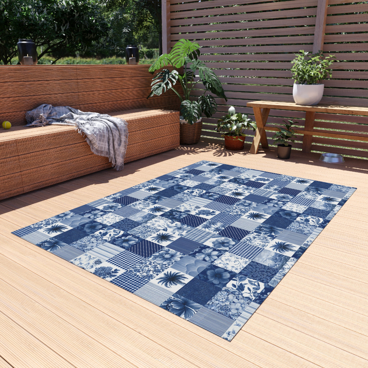 Blue and white patchwork outdoor rug — soft polyester chenille with a non-slip backing