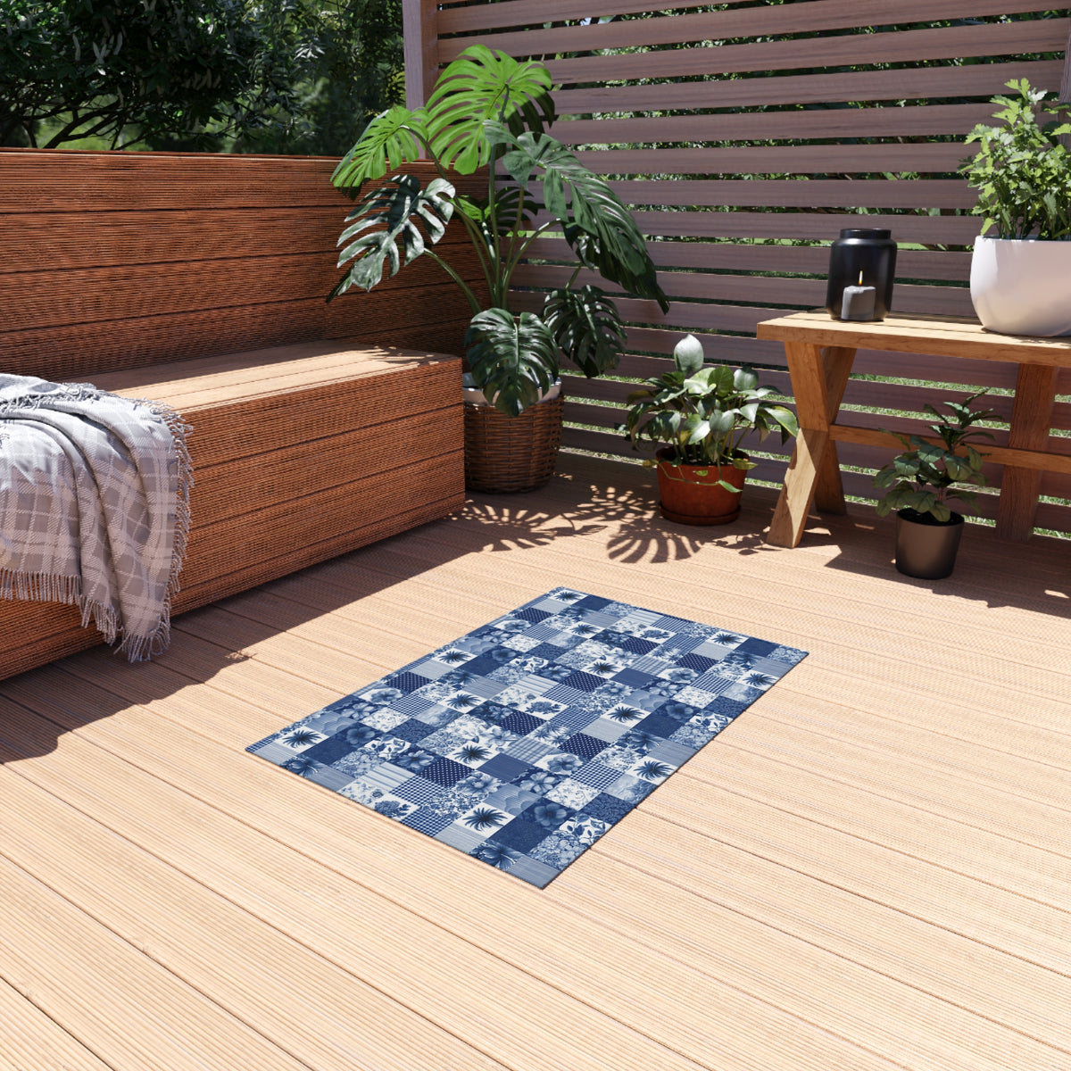 Blue and white patchwork outdoor rug — soft polyester chenille with a non-slip backing