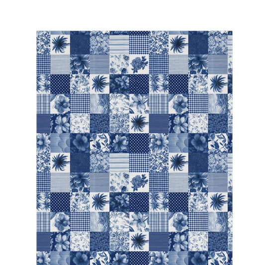 Blue and white patchwork outdoor rug — soft polyester chenille with a non-slip backing