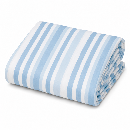 Blue and white striped outdoor fleece blanket — 315 gsm polyester fleece, soft on both sides