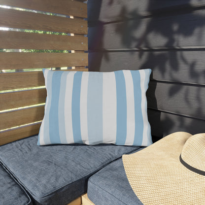 Blue and white striped lumbar outdoor pillow — spun polyester, UV and water resistant