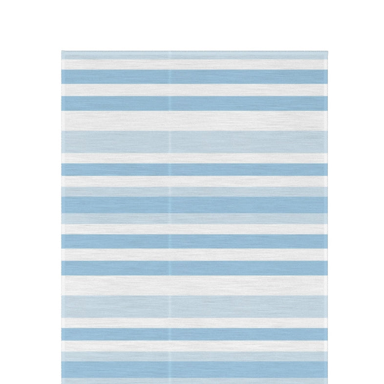 Blue and white striped outdoor rug — soft polyester chenille with a non-slip backing