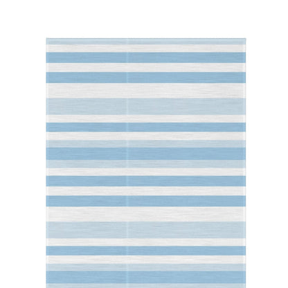 Blue and white striped outdoor rug — soft polyester chenille with a non-slip backing