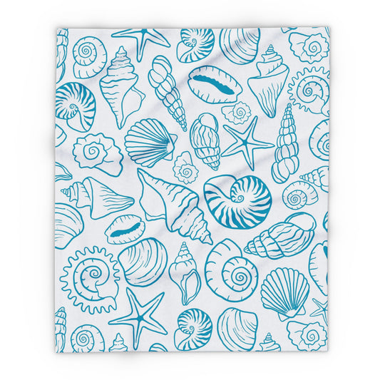 Blue shell sketch outdoor fleece blanket — 315 gsm polyester fleece, soft on both sides