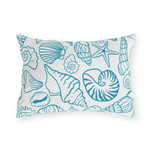 Blue shell sketch lumbar outdoor pillow — spun polyester, UV and water resistant