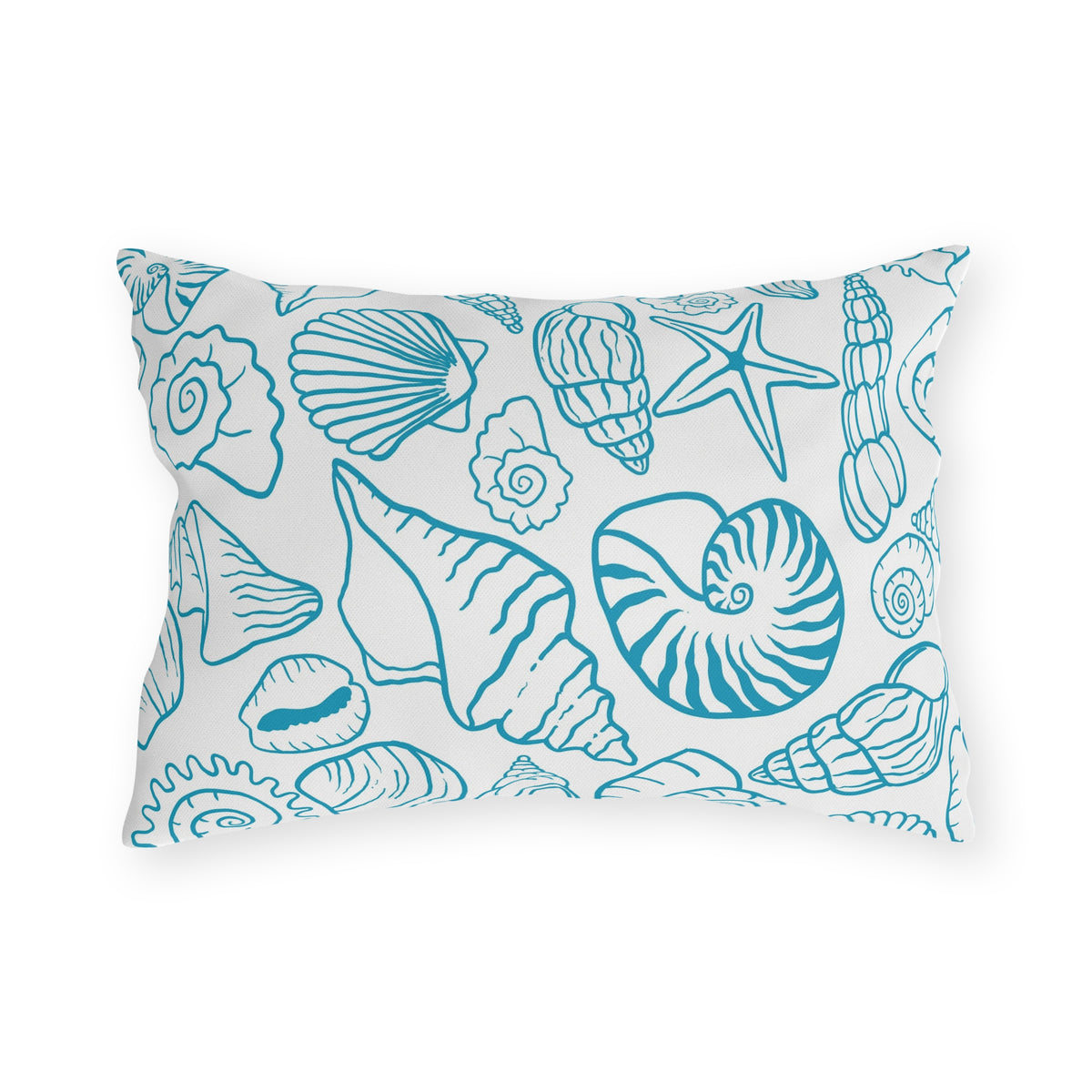Blue shell sketch lumbar outdoor pillow — spun polyester, UV and water resistant