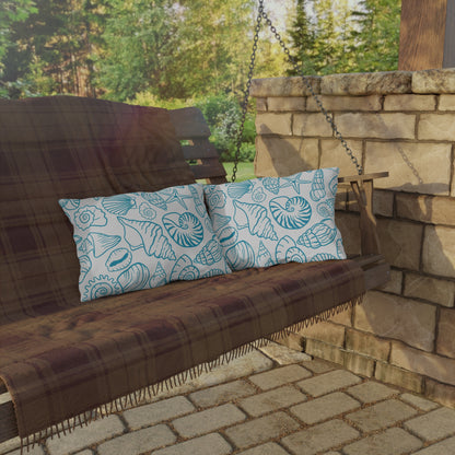 Blue shell sketch lumbar outdoor pillow — spun polyester, UV and water resistant