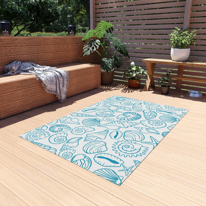 Blue shell sketch outdoor rug — soft polyester chenille with a non-slip backing