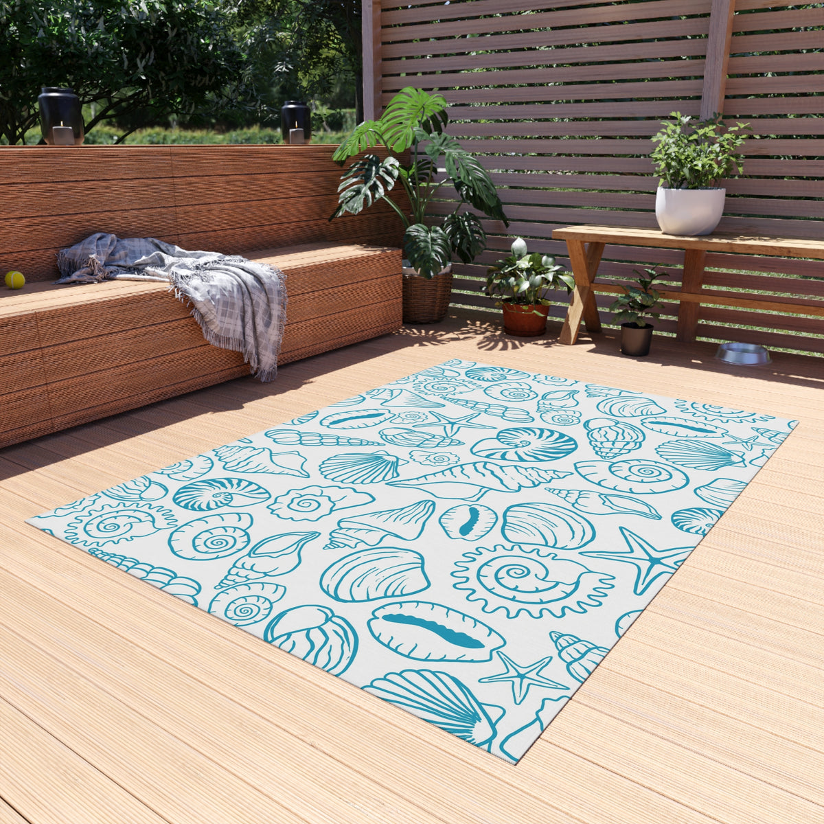 Blue shell sketch outdoor rug — soft polyester chenille with a non-slip backing