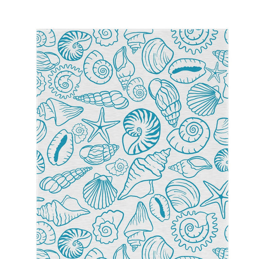 Blue shell sketch outdoor rug — soft polyester chenille with a non-slip backing
