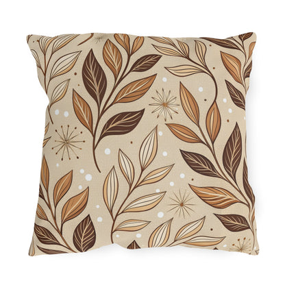Brown leaf sprig outdoor pillow — spun polyester, UV and water resistant