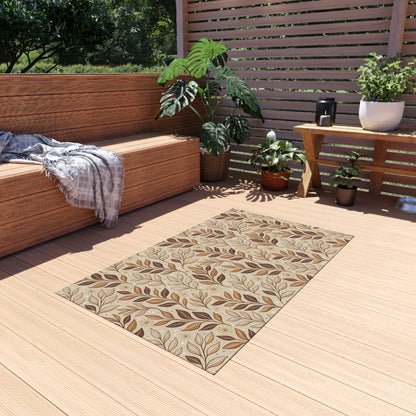 Brown leaf sprig outdoor rug — soft polyester chenille with a non-slip backing