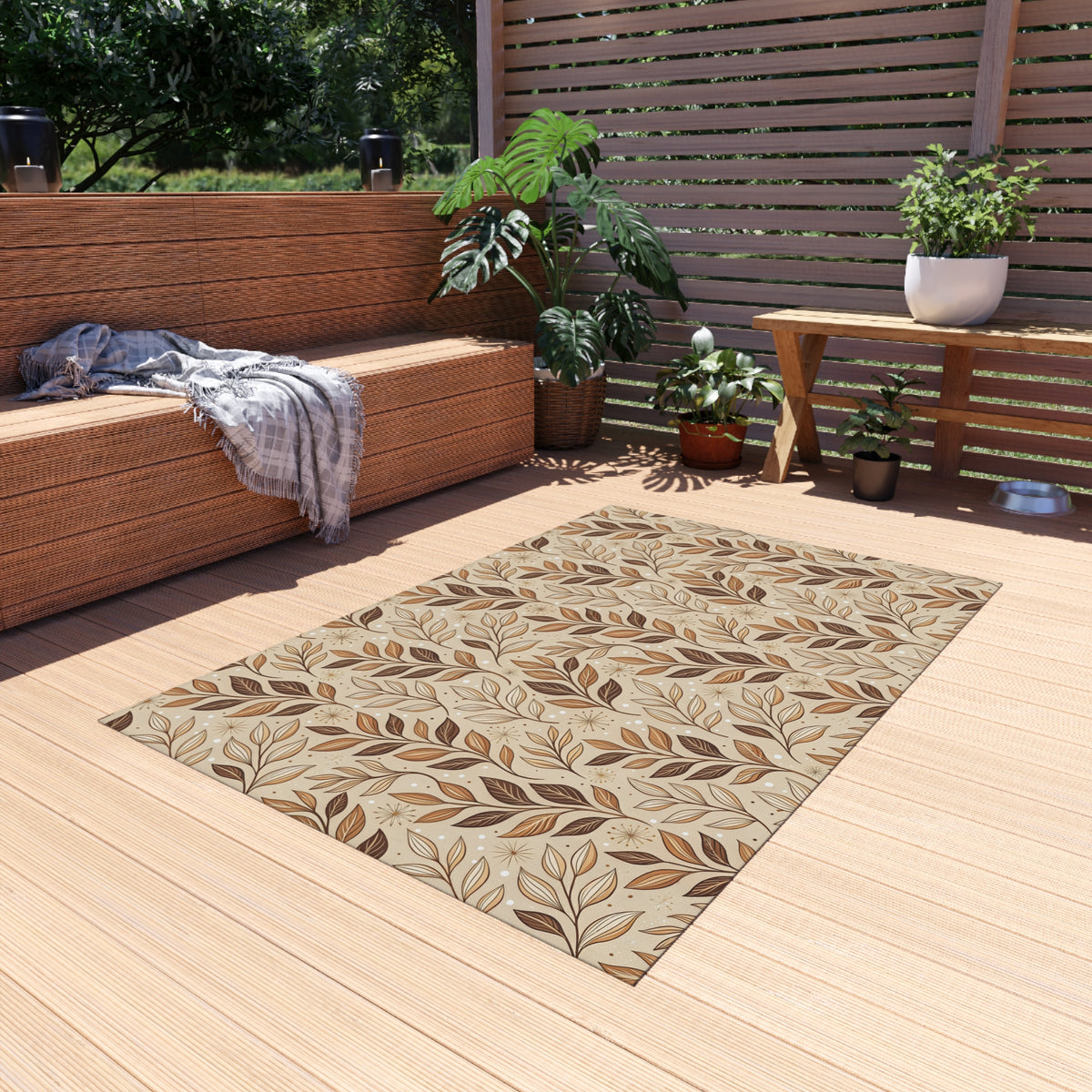 Brown leaf sprig outdoor rug — soft polyester chenille with a non-slip backing