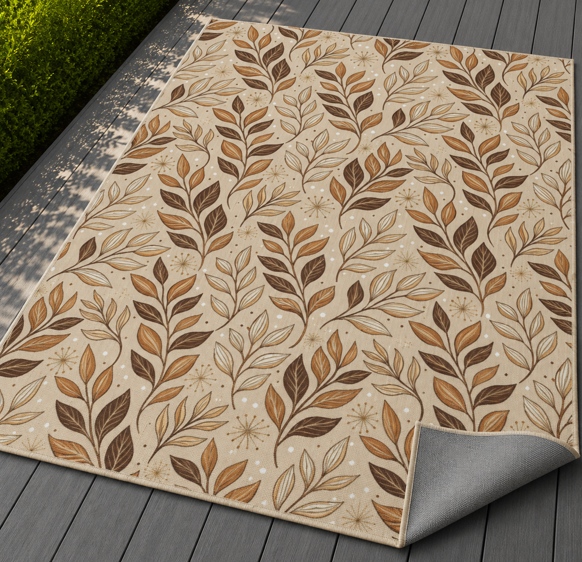 Brown leaf sprig outdoor rug with the corner folded back — matte grey non-slip backing