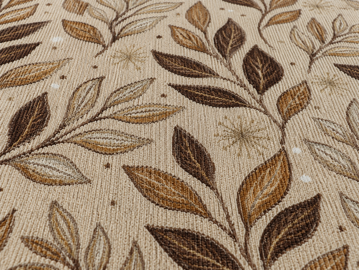 Close-up of the brown leaf sprig outdoor rug — short, dense low-pile chenille nap