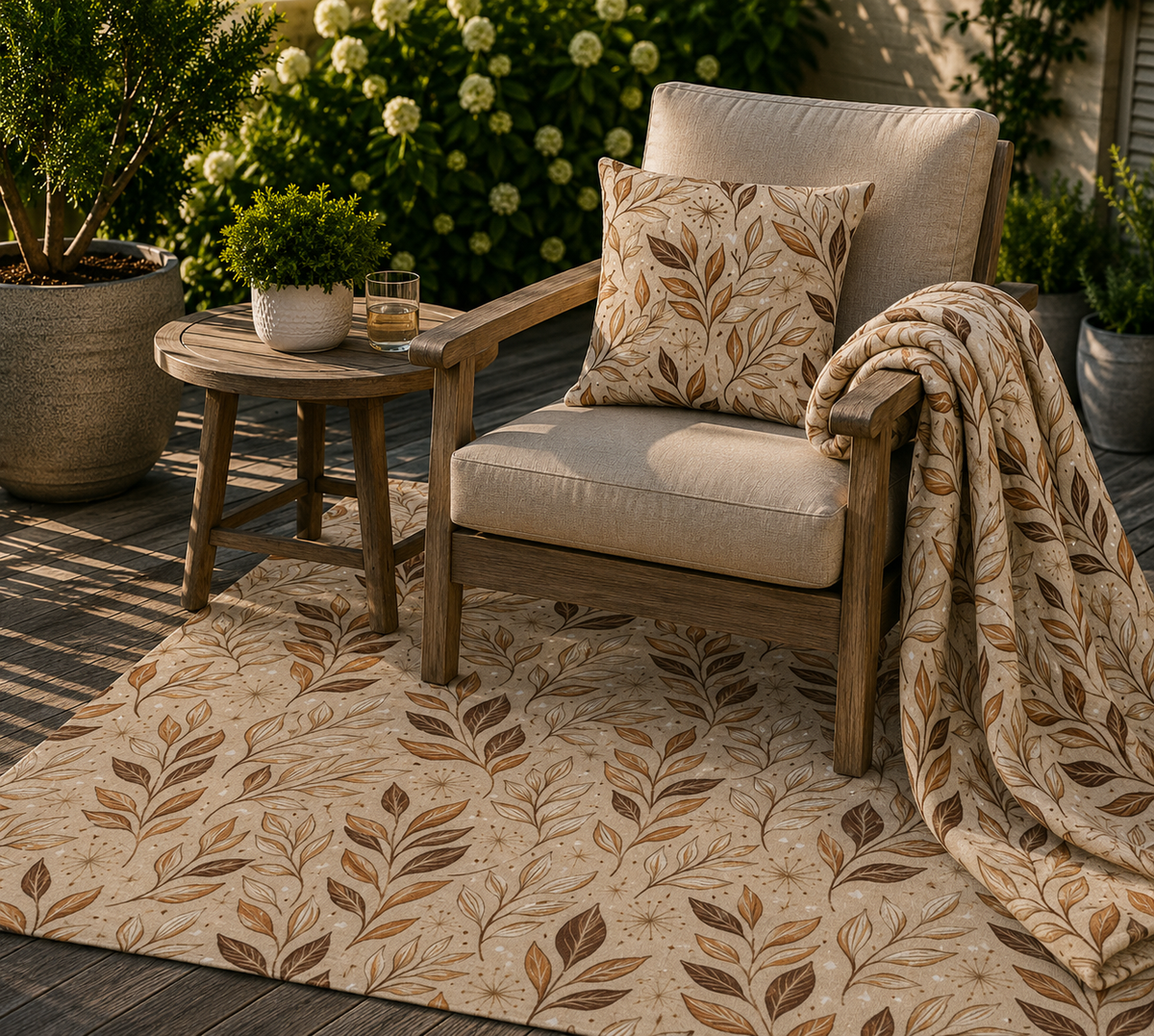 Brown leaf sprig outdoor set — matching rug, pillow and fleece blanket