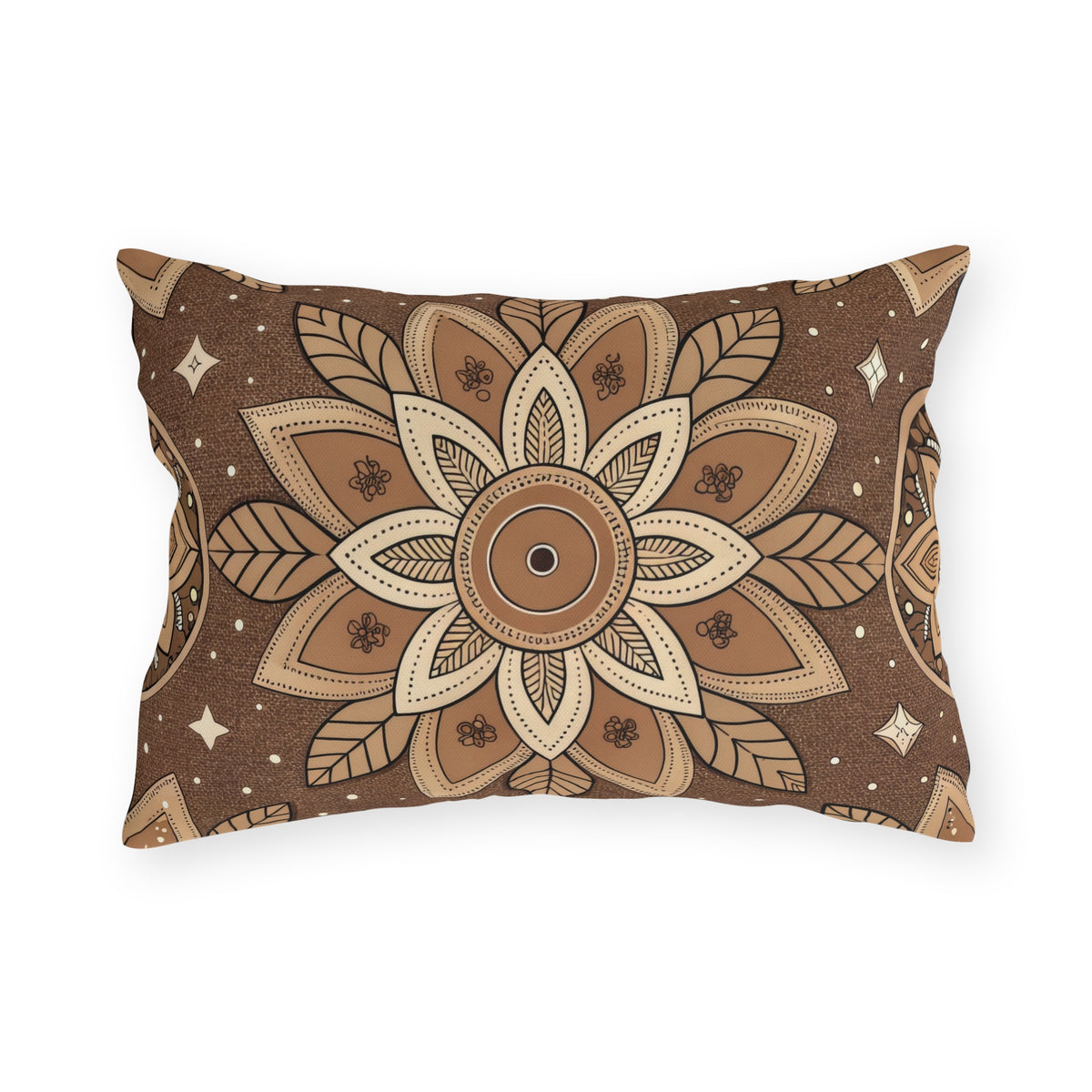 Brown mandala lumbar outdoor pillow — spun polyester, UV and water resistant