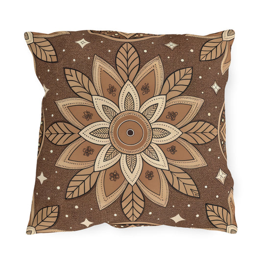 Brown mandala outdoor pillow — spun polyester, UV and water resistant