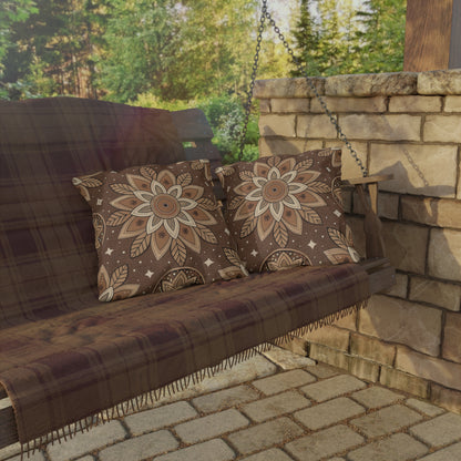 Brown mandala outdoor pillow — spun polyester, UV and water resistant