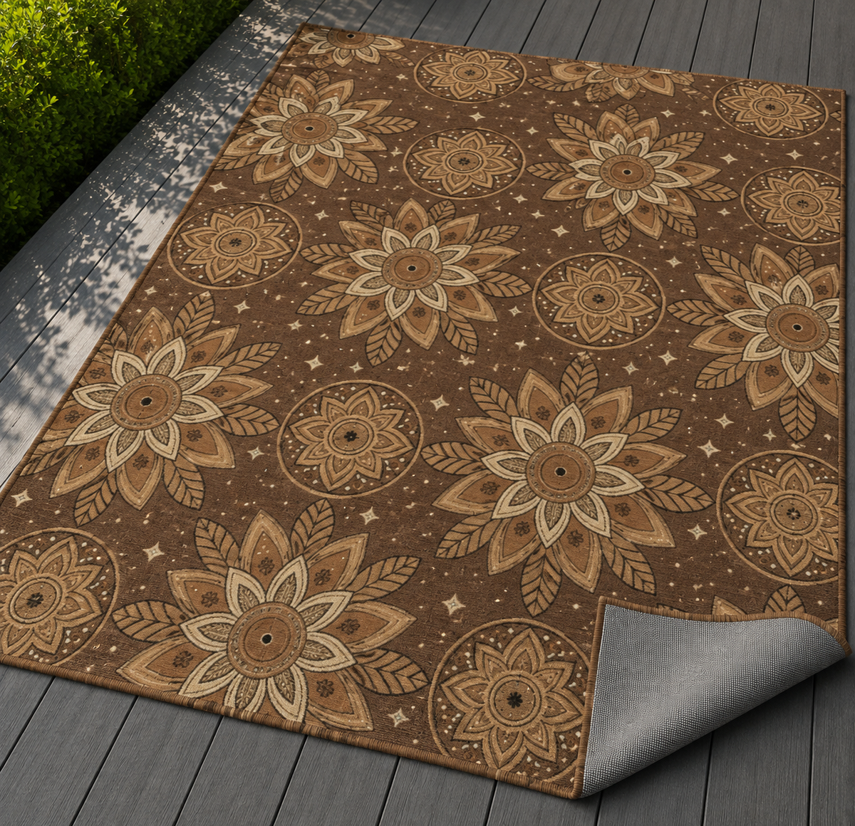 Brown mandala outdoor rug with the corner folded back — matte grey non-slip backing