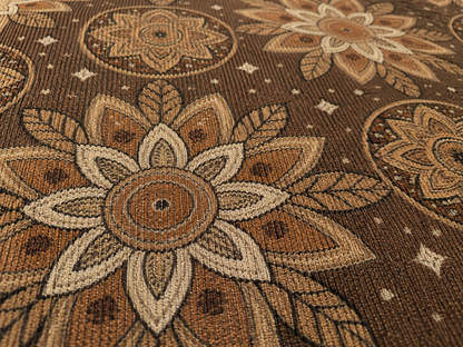 Close-up of the brown mandala outdoor rug — short, dense low-pile chenille nap