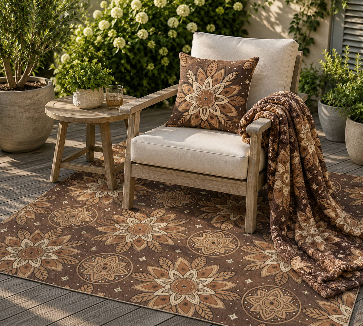 Brown mandala outdoor set — matching rug, pillow and fleece blanket