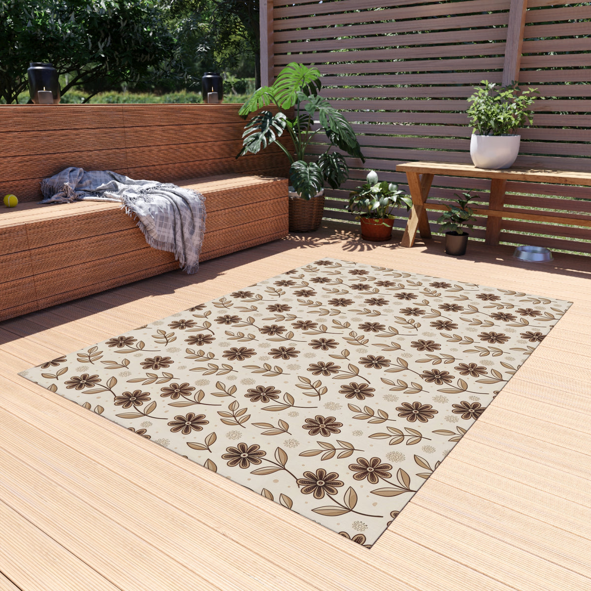 Brown retro floral outdoor rug — soft polyester chenille with a non-slip backing
