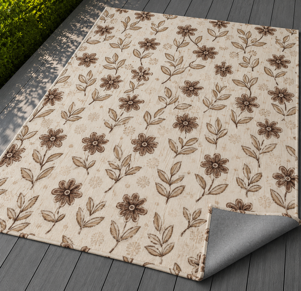 Brown retro floral outdoor rug with the corner folded back — matte grey non-slip backing