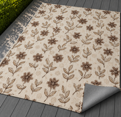 Brown retro floral outdoor rug with the corner folded back — matte grey non-slip backing