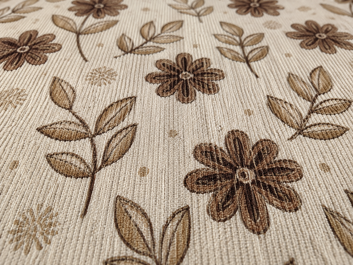 Close-up of the brown retro floral outdoor rug — short, dense low-pile chenille nap