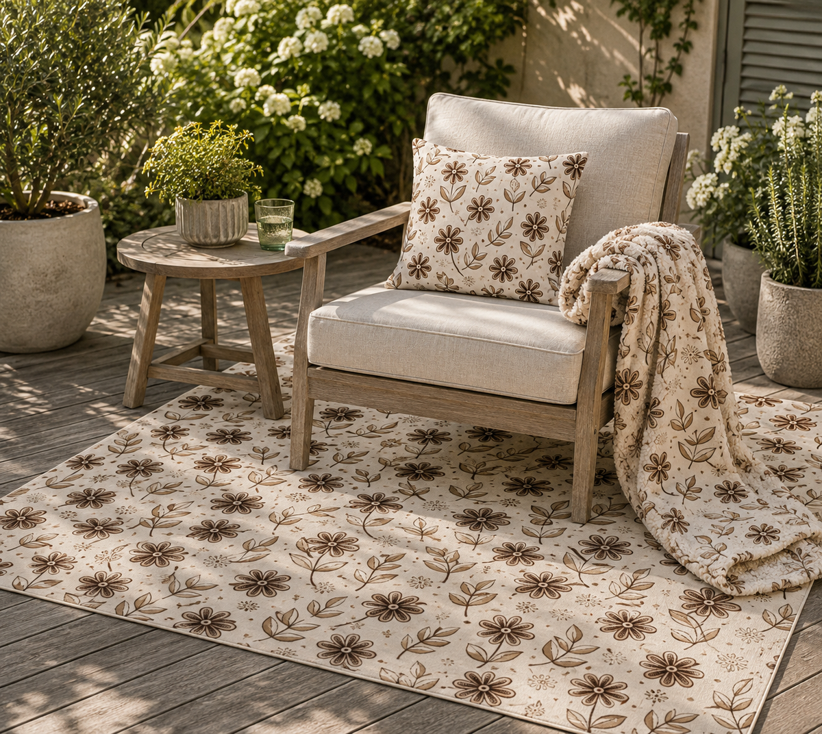 Brown retro floral outdoor set — matching rug, pillow and fleece blanket