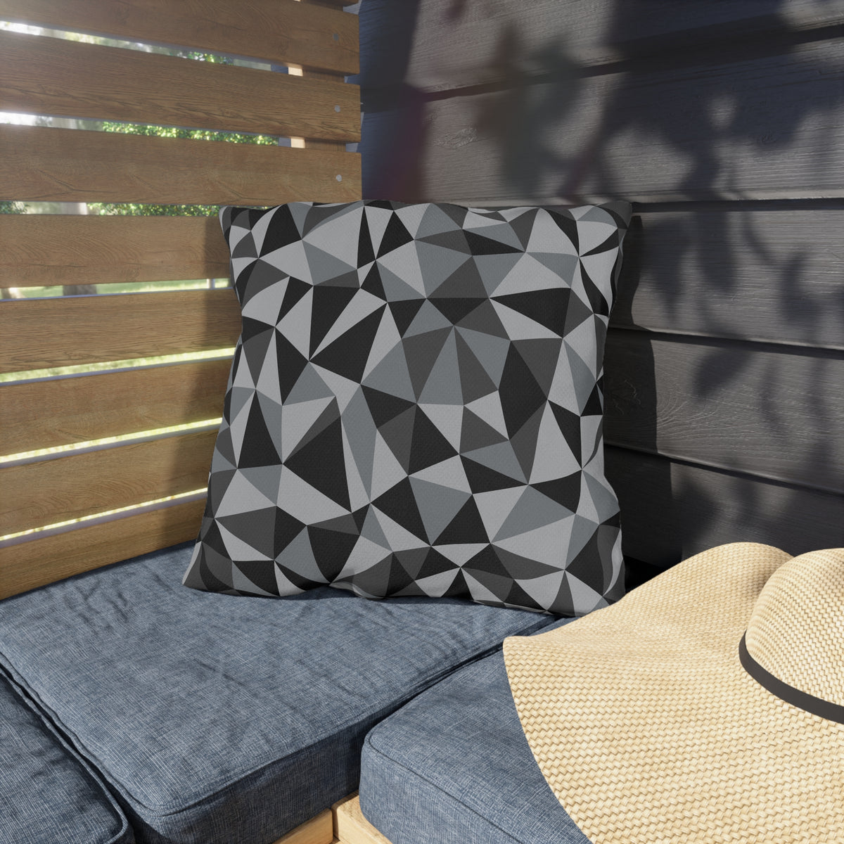 Charcoal facet outdoor pillow — spun polyester, UV and water resistant