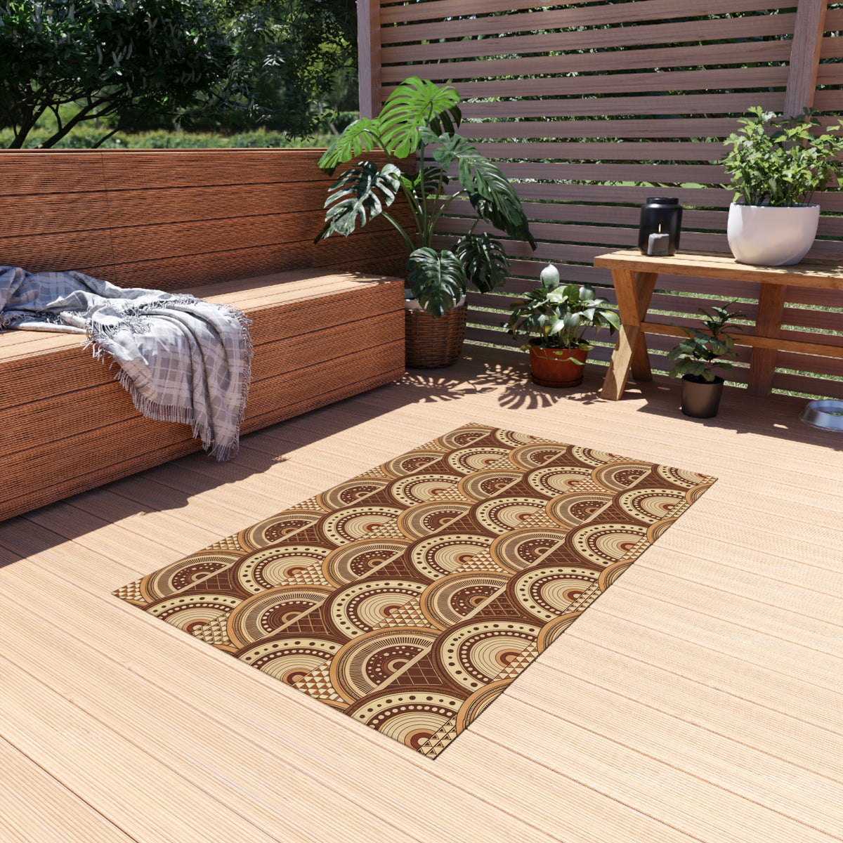 Clay boho arch outdoor rug — soft polyester chenille with a non-slip backing