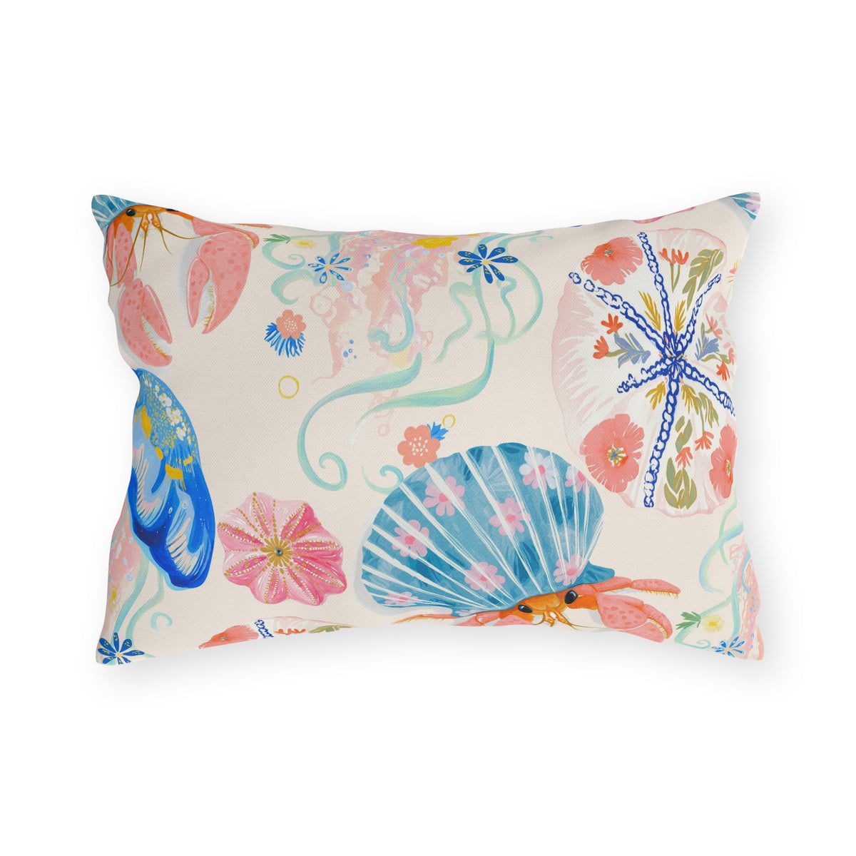 Coastal seashell lumbar outdoor pillow — spun polyester, UV and water resistant