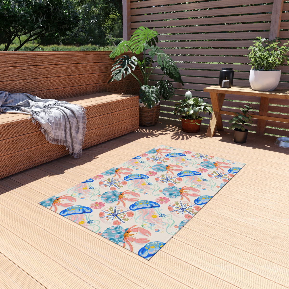 Coastal seashell outdoor rug — soft polyester chenille with a non-slip backing