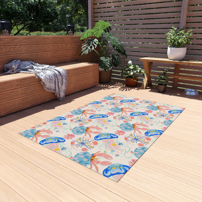 Coastal seashell outdoor rug — soft polyester chenille with a non-slip backing