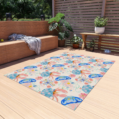 Coastal seashell outdoor rug — soft polyester chenille with a non-slip backing