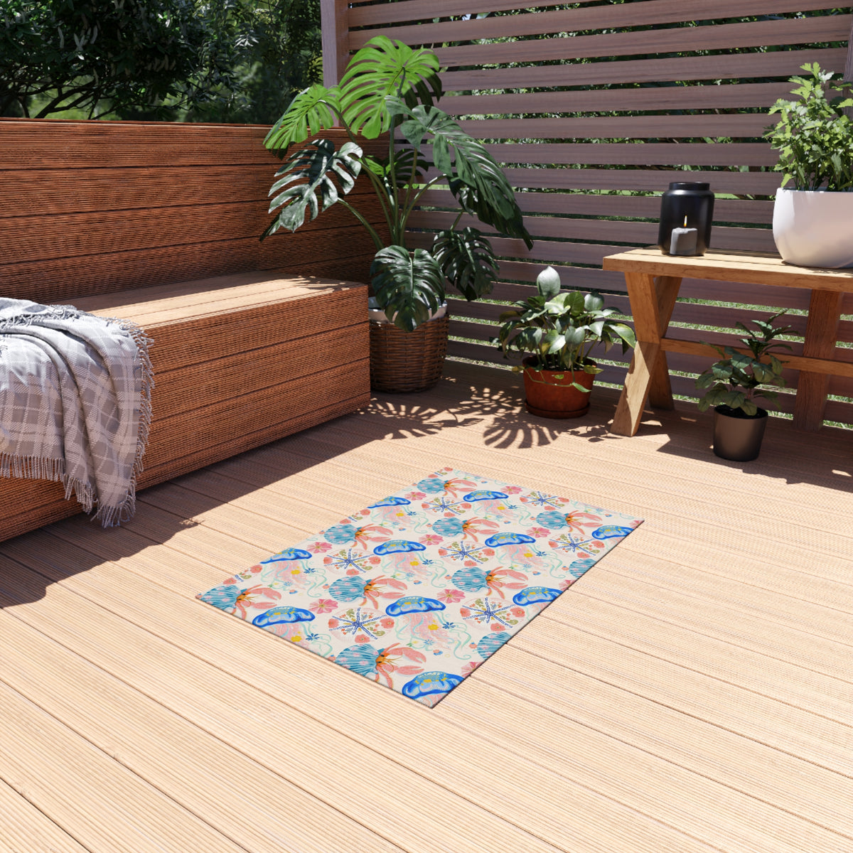 Coastal seashell outdoor rug — soft polyester chenille with a non-slip backing