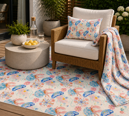Coastal seashell outdoor set — matching rug, pillow and fleece blanket