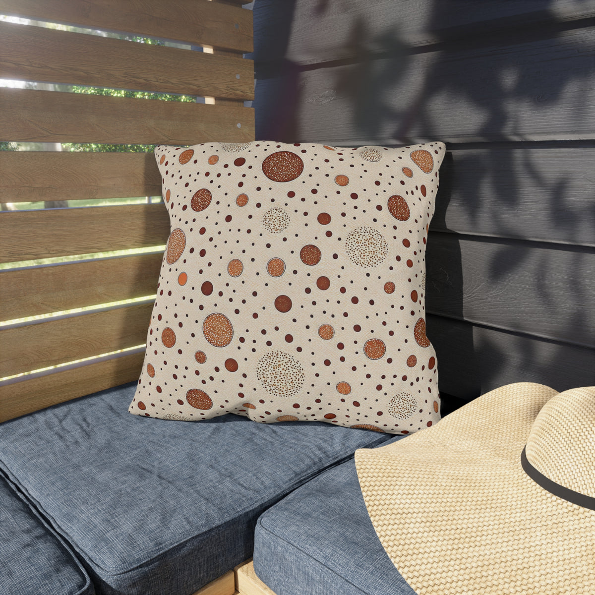 Copper scattered circle outdoor pillow — spun polyester, UV and water resistant