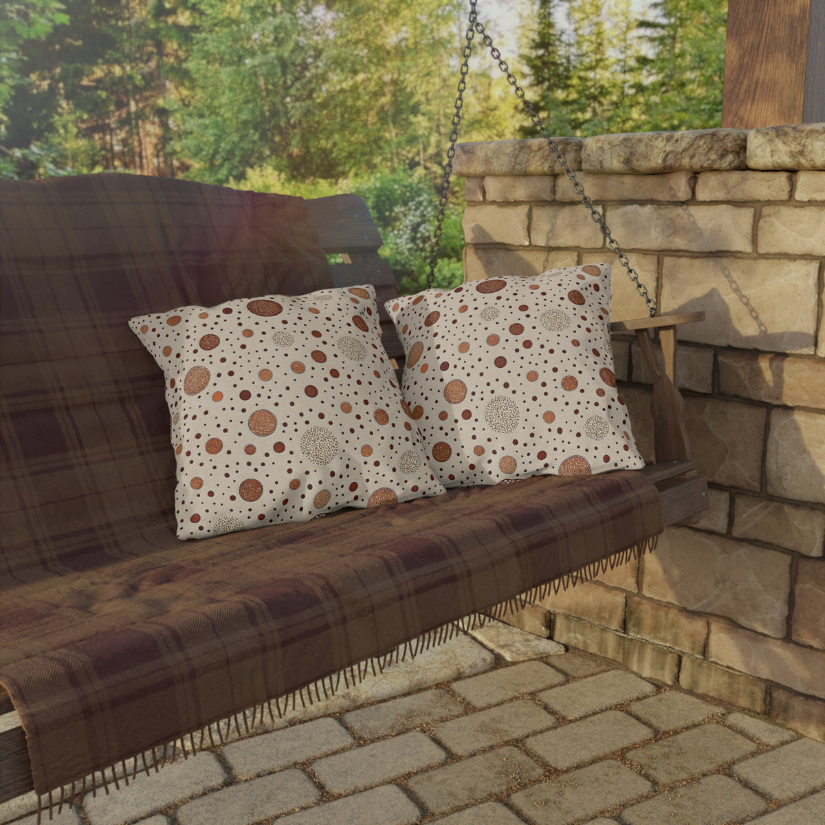 Copper scattered circle outdoor pillow — spun polyester, UV and water resistant